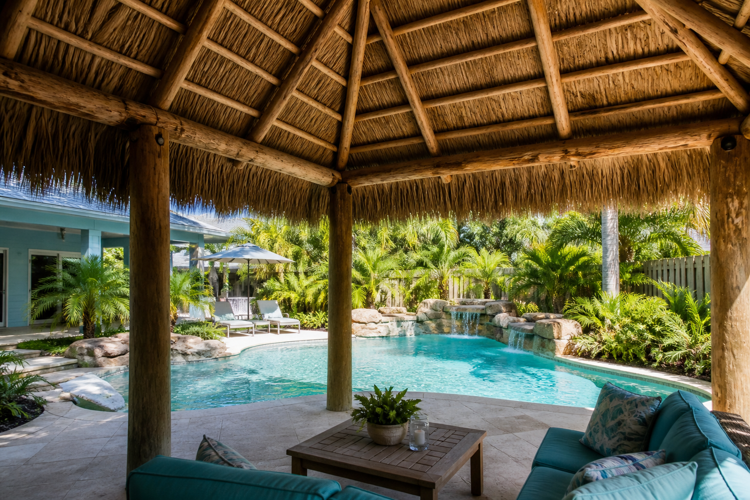 Backyard pool tiki hut